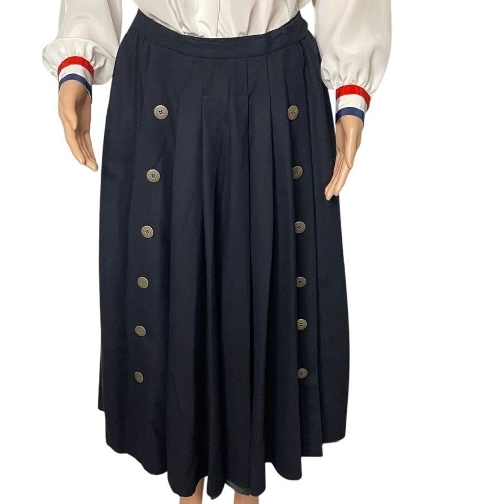 Aquascutum London Wool Pleated Wrap Skirt sz 4 Navy Gold Button‎ Midi Lined